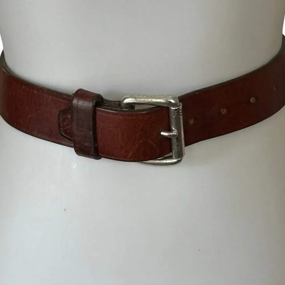 Vintage 70s Dark Brown Leather Belt Silver Tone Buckle